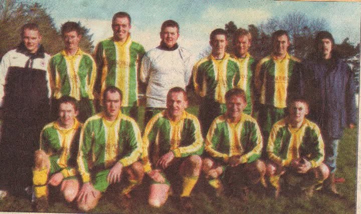 Crettyard United squad in green and gold striped jerseys