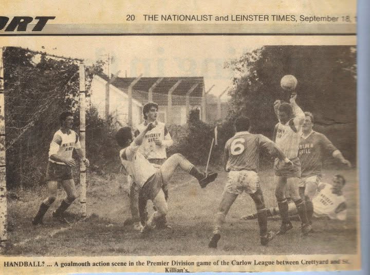 Newspaper clipping of a goalmouth scene against St Killian's in the Carlow League Premier Division