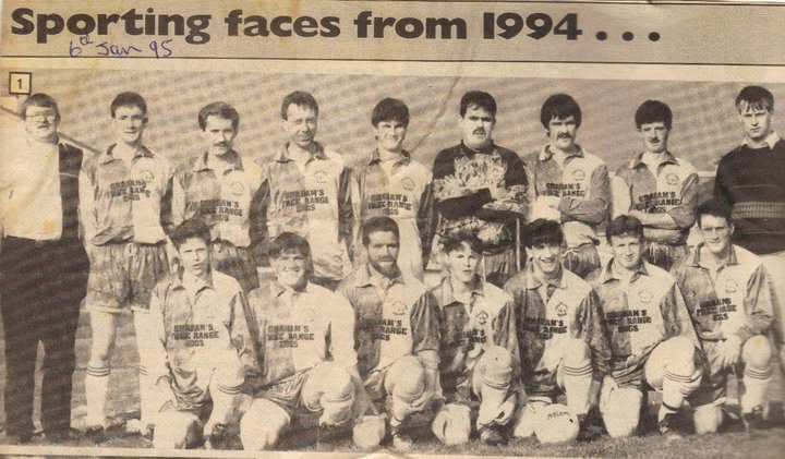 Newspaper clipping titled Sporting faces from 1994 showing the Crettyard United squad